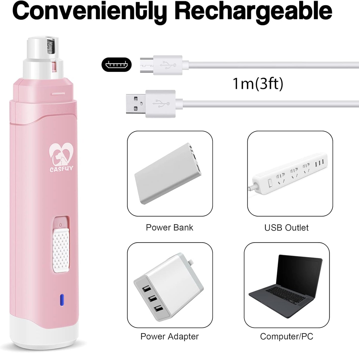 Casfuy Dog Nail Grinder Upgraded - Professional 2-Speed Electric Rechargeable Pet Nail Trimmer Painless Paws Grooming & Smoothing for Small Medium Large Dogs & Cats (White)