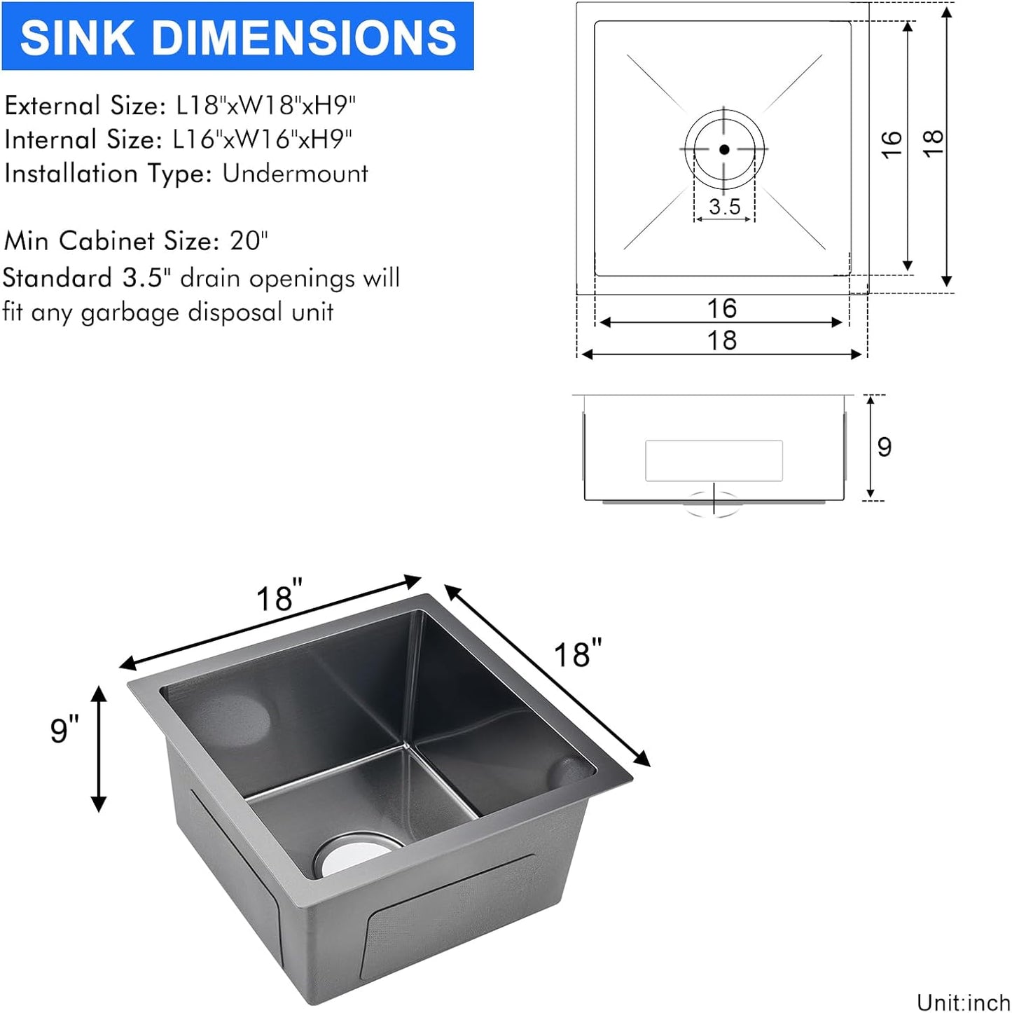 MENATT 20-inch Undermount Kitchen Sink, SUS304 Stainless Steel Handmade Single Bowl Kitchen Sink with Sink Strainer (Brushed), 20"x16"x9"