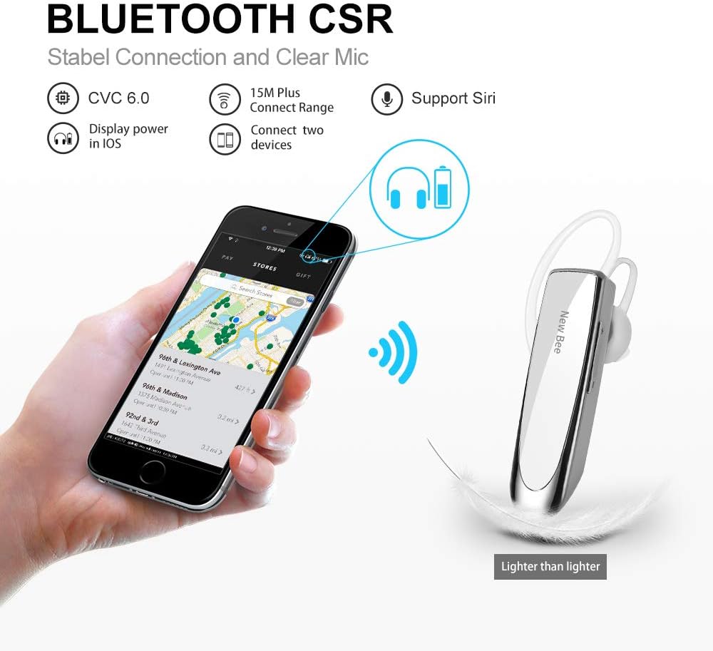 Bluetooth Headset New Bee 24Hrs V5.0 Bluetooth Earpiece Wireless Handsfree Driving Headset with Noise Canceling Mic Headset Case for iPhone Samsung Android Mobile Cell Phone Tablets Office