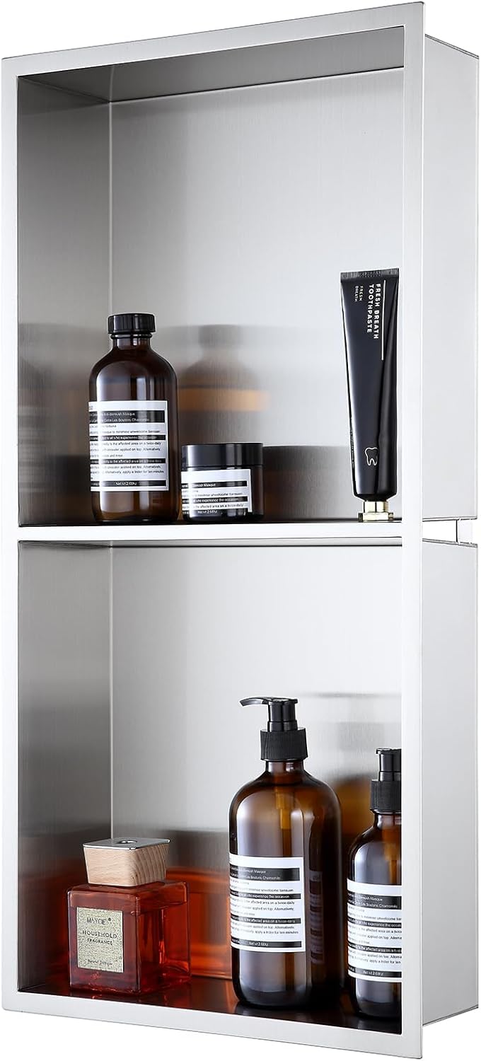 MENATT No Tile Shower Niche, Stainless Steel Wall Niche 13"X19"(Inner Size 12"X18"), Two-Tier Bathroom Shelf, NO Tile Needed Recessed Niche Shower for Bathroom Storage, Black