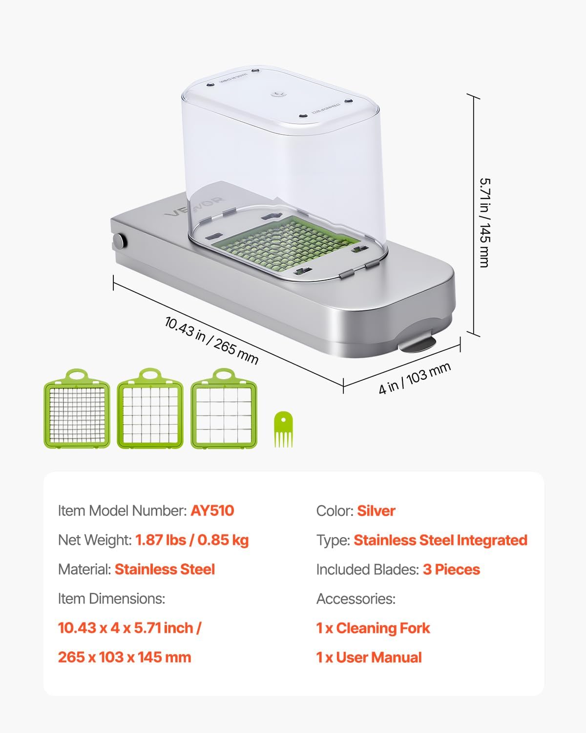 VEVOR Vegetable Chopper, Food Veggie Cutter with 3 Stainless Steel Blades, Onion Slicer with Container, Salad Potato Dicer Kitchen Gadgets & Essentials Home Appliances Tools for Easy DIY, Silver