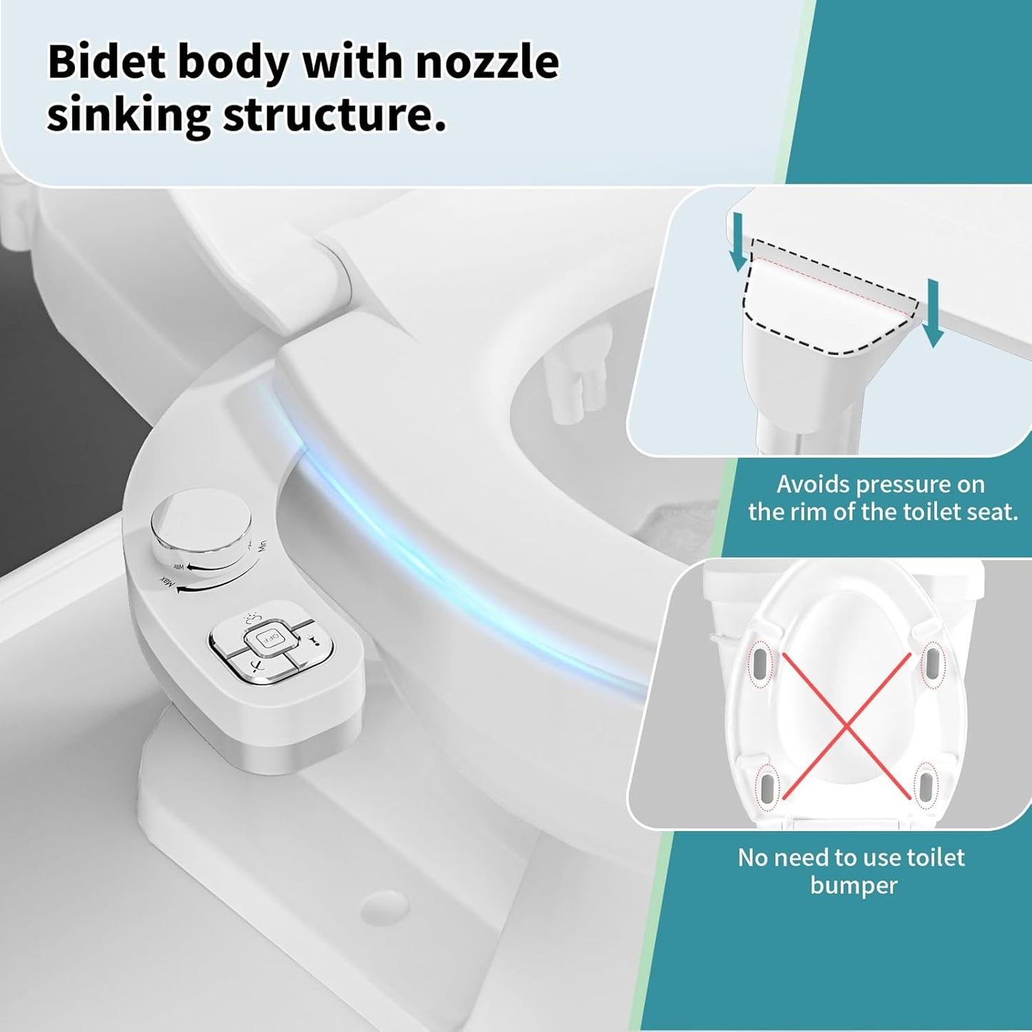 PIKETS Bidet Attachment for Toilet, Dual Nozzle (Frontal and Rear Wash) Non-Electric Fresh Water Toilet Seat Attachment with Nozzle Self Cleaning, Adjustable Water Pressure(Chrome Silver)