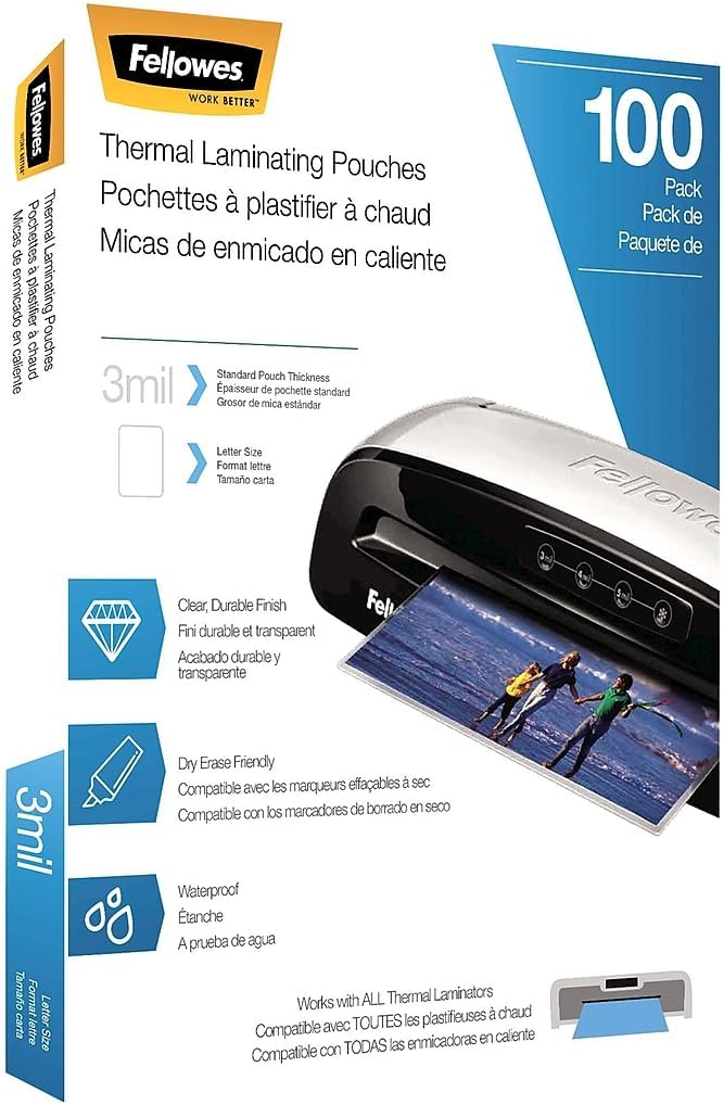 Fellowes Thermal Laminating Pouches, Letter Size Sheets 9 x 11.5-Inches, 3 mil, 200 Pack (5743401), Clear