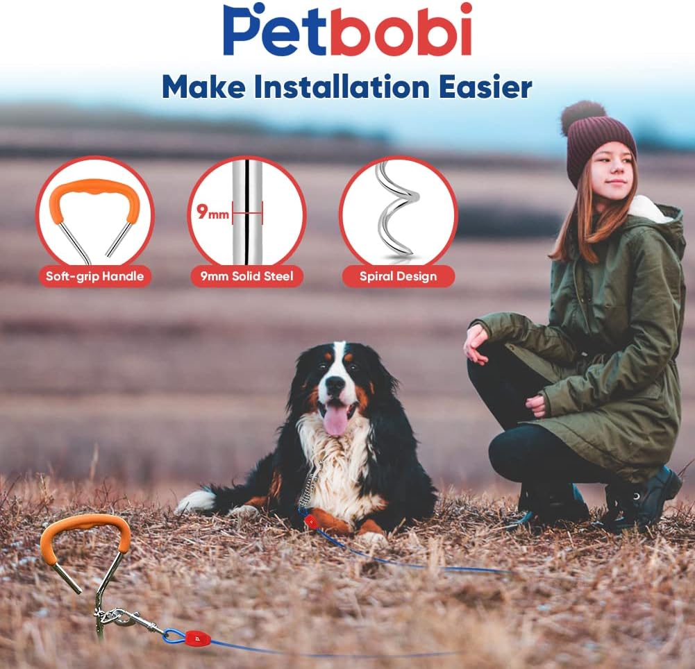 Petbobi Dog Tie-Out Cable and Stake - 30ft Heavy Duty Cable with Spring, No Tangle, 16in Ground Stake, Ideal for Yard, Camping and Beach, Suitable for Small Medium Large Dogs Up to 120 lbs, Blue