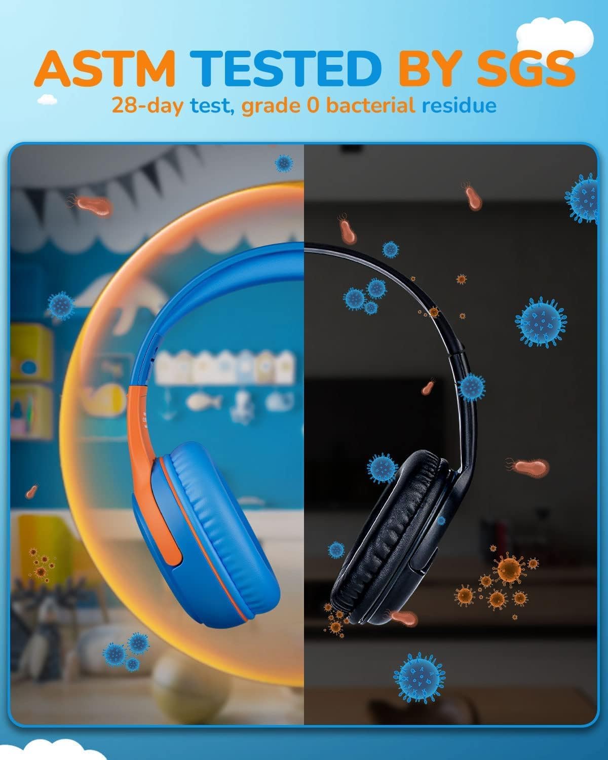 awatrue Kids Headphones with Microphone, Wired Headphones for Kids 85/94dB Safe Volume Limit, Over Ear Headsets, Boys Girls Childrens Headphones for School/Travel/Fire Tablet/BlueOrange