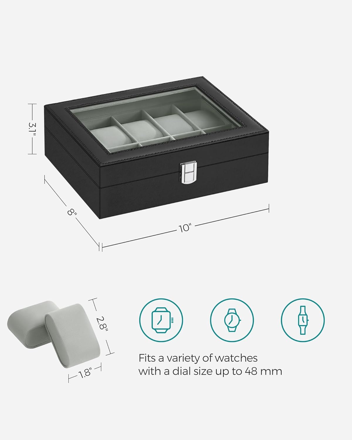 SONGMICS Watch Box, 6-Slot Watch Case, Watch Box Organizer, Black Synthetic Leather, Greenish Gray Lining UJWB06BK