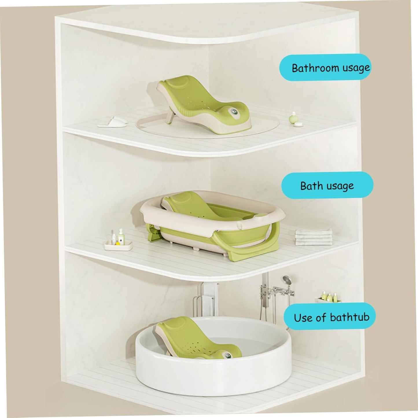 Baby Sink Bath, Adjustable Height Ergonomic Baby Bath Support with Temperature Reminder & Drainage Hole, Foldable Portable Infant Bathtub with Hook for Home Travel, Green, Sink Bather for