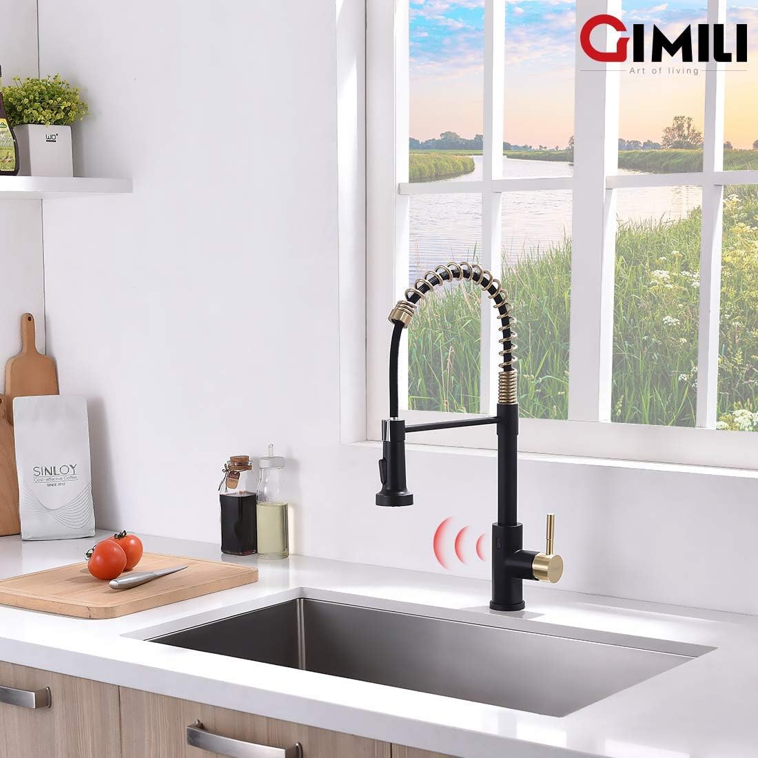 GIMILI Matte Black Kitchen Faucet with LED Light,Single Hole Spring Kitchen Sink Faucet with Pull Down Sprayer