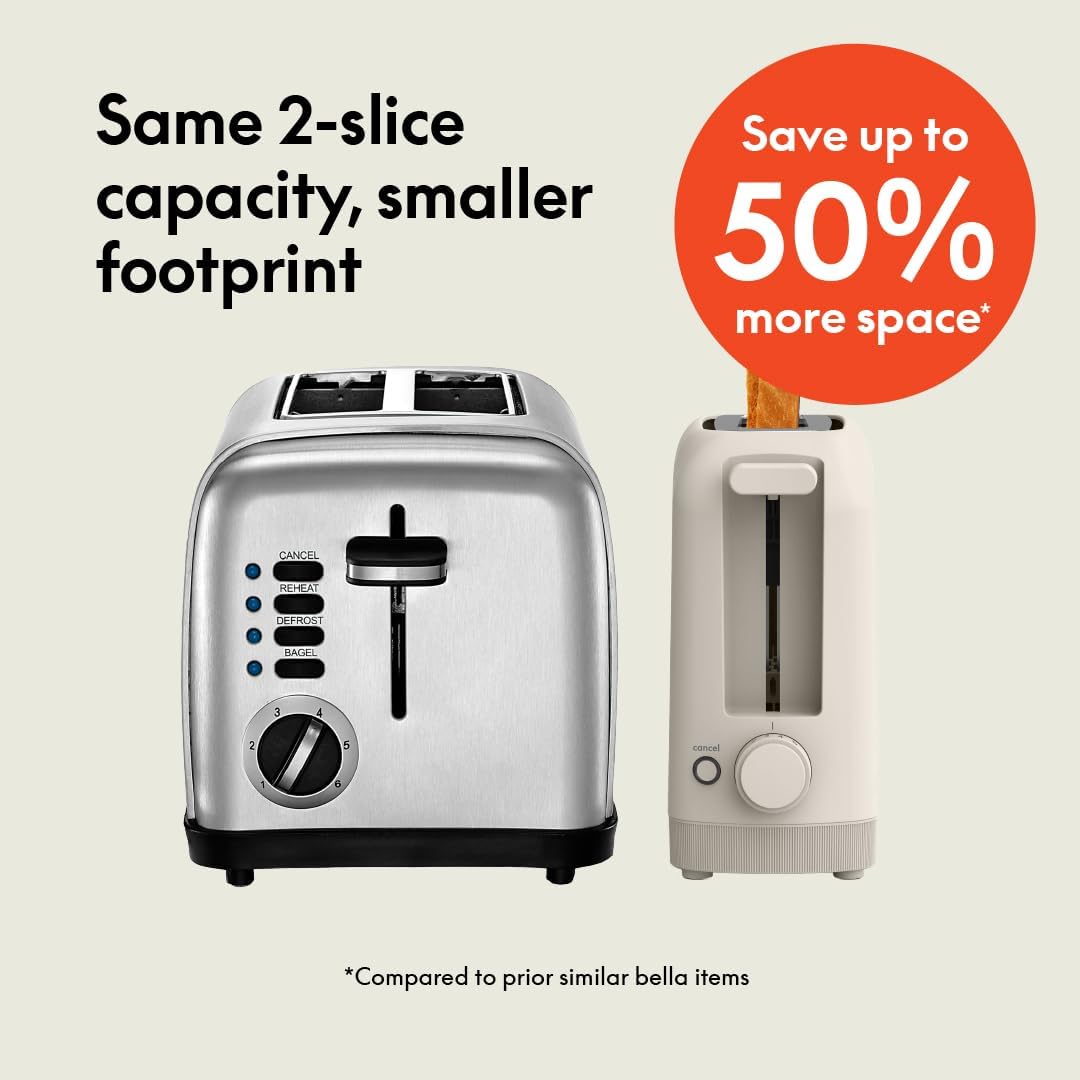 bella 2 Slice Slim Toaster, Fits-anywhere™ Kitchenware, 6 Setting Shade Control with Reheat & Cancel Buttons, Fits sourdough, 10” Long Slot, Anti Jam & Auto Shutoff, 900 Watt, Surf