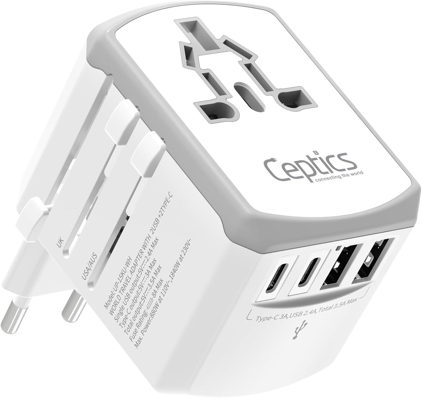 Ceptics Universal Travel Adapter kit, Dual USB (QC 3.0) + 2 US outlets + USB-C Cable, Use with Chargers, Cell Phones, Laptops, 6 Plug attachments for Worldwide use (Does Not Convert Voltage) (WPS-2B)