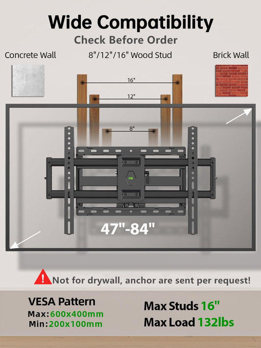 USX MOUNT Full Motion TV Wall Mount for Most 47-84 inch Flat Screen TVs, Wall Mount TV Bracket with Dual Swivel Articulating Arms, TV Mount with Max VESA 600x400mm, up to 132lbs, Fits 8” 12” 16" Studs - PuriLite
