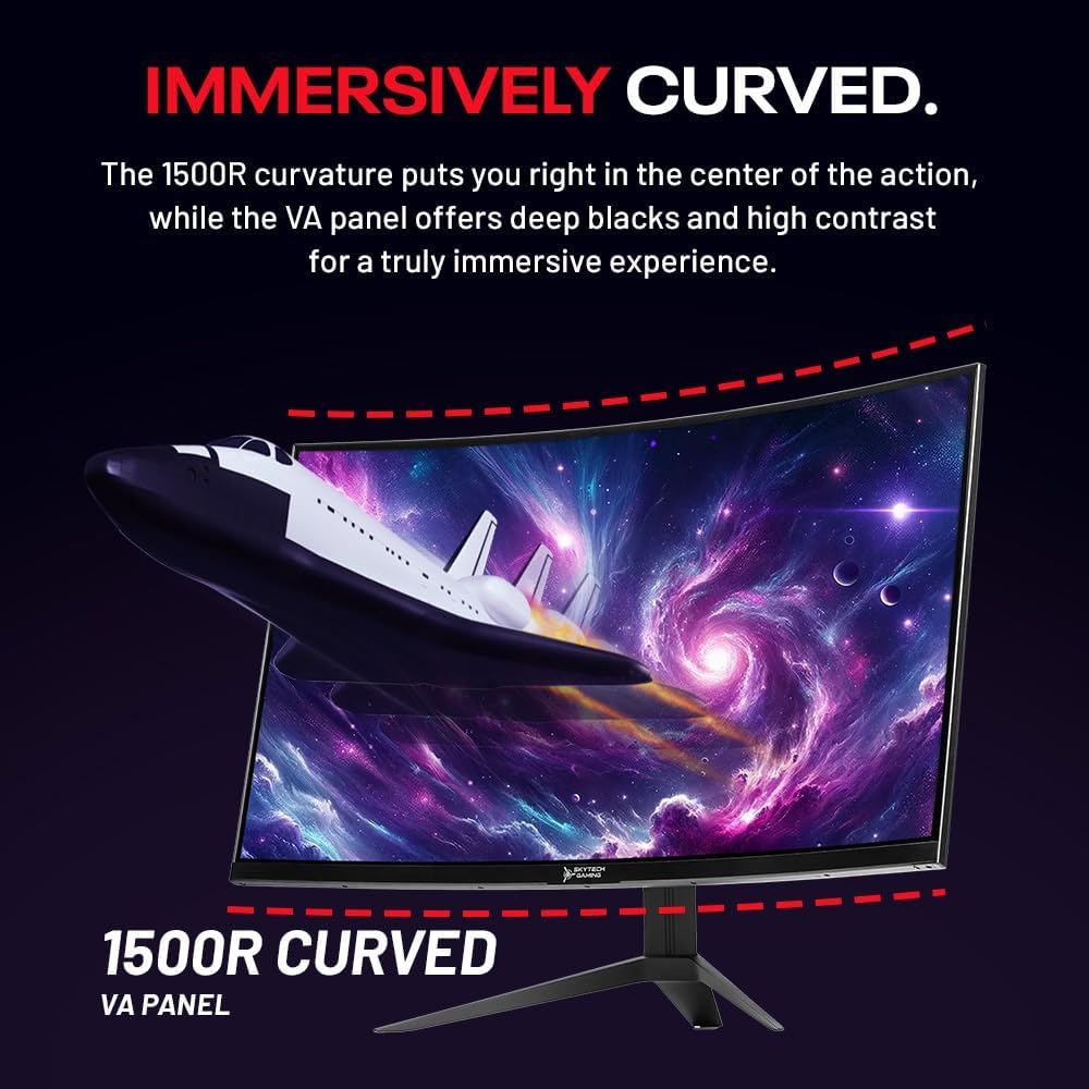 Skytech Gaming 27-inch Curved Gaming Monitor up to 180Hz, QHD 2K(2560 x 1440), 3.7ms Response Time, 1500R VA Panel, FreeSync & G-Sync Support, Swivel Tilt Height Pivot Adjustable, HDMI & DisplayPort