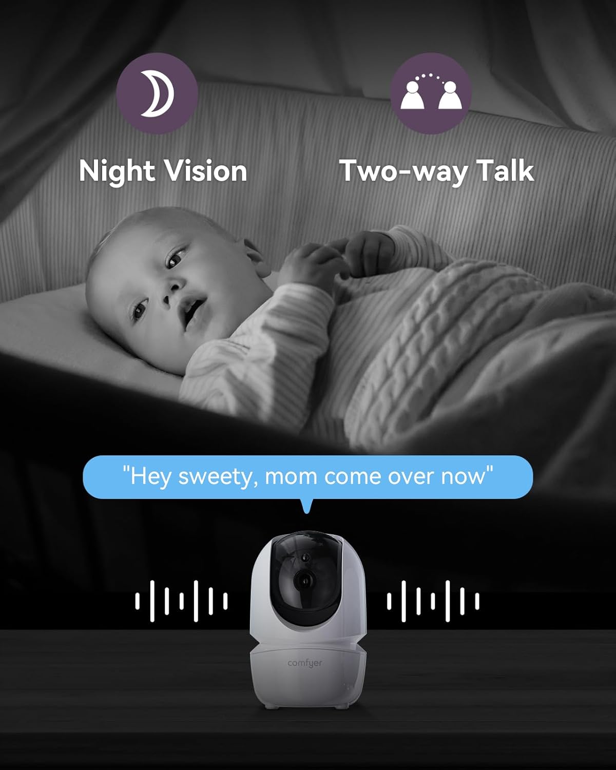 Comfyer 7" HD Split-Screen Baby Monitor with 2 Cameras, Video Baby Monitor with Camera and Audio, Flexible Bracket, Non-WiFi, VOX Mode, 2 Way Audio, Remote PTZ, Auto Night Vision