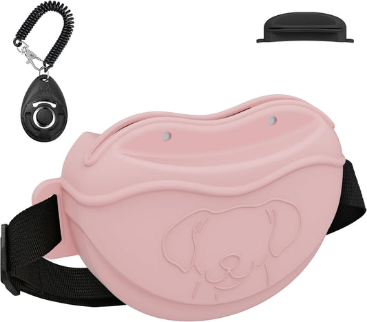 TUCANA Silicone Dog Treat Pouch for Pet Training – Upgraded 4 Strong Magnets Enhanced Magnetic Closure, Ease of Cleaning, Come with Adjustable Wasit Belt and Effective Dog Clicker (Pink)