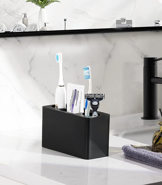 Black Resin Toothbrush Holder with 3 Slots, Electric Toothbrush and Toothpaste Countertop Organizer for Bathroom Vanity - PuriLite