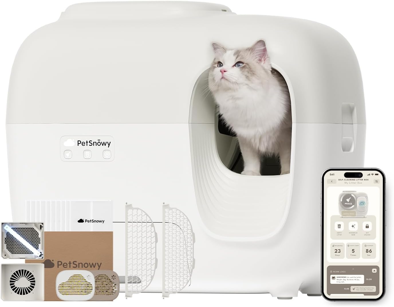 PetSnowy (Premium Version) Snow+ Self Cleaning Litter Boxes for Cats 3.3-20 lbs Zero Smell Zero Litter Tracking Waste Auto-Sealing Easy Cleanup Automatic Cat Litter Box Self Cleaning