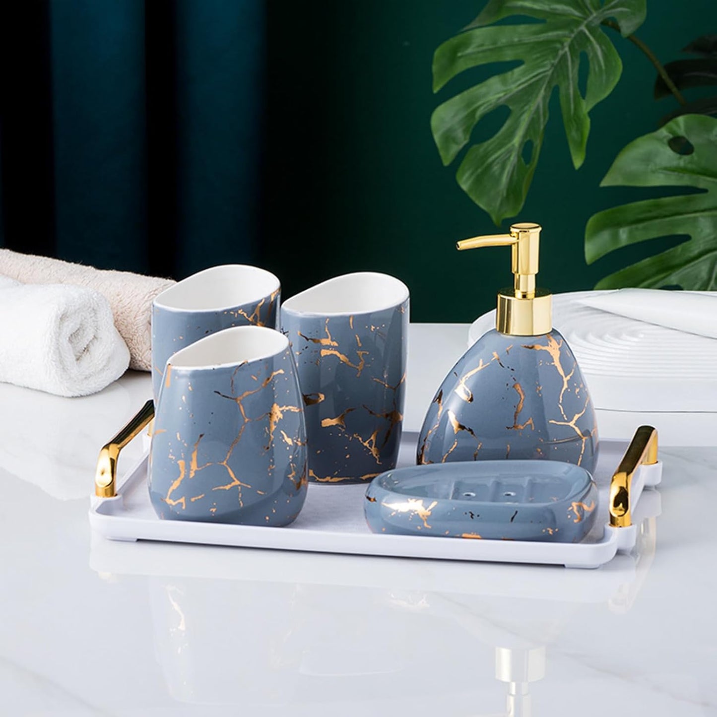 White Bathroom Accessories Set,Modern Countertop Bathroom Decor,Luxury 6 Piece Bathroom Accessory Set,Complete with Soap Dispenser,Toothbrush Holder,Tumbler,Tray