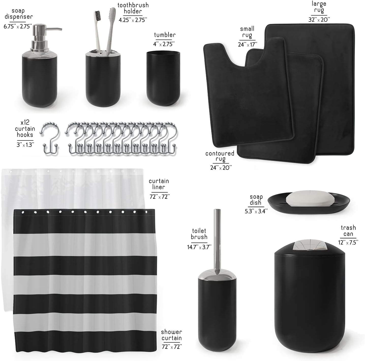 Clara Clark Bathroom Set - Gray Bathroom Accessories Set, Bathroom Sets with Shower Curtain and Rugs, 23PC Shower Curtain Set with Liner, Soap Dispenser, Soap Dish, Toilet Brush Holder, and Trash Can