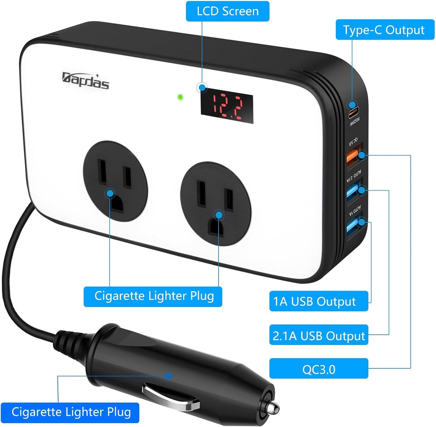 Bapdas 200W Power Inverter DC 12V to AC 110V Car Adapter Plug Outlet with PD 25W USB-C, QC3.0 and Dual USB Ports Loptop Car Charger