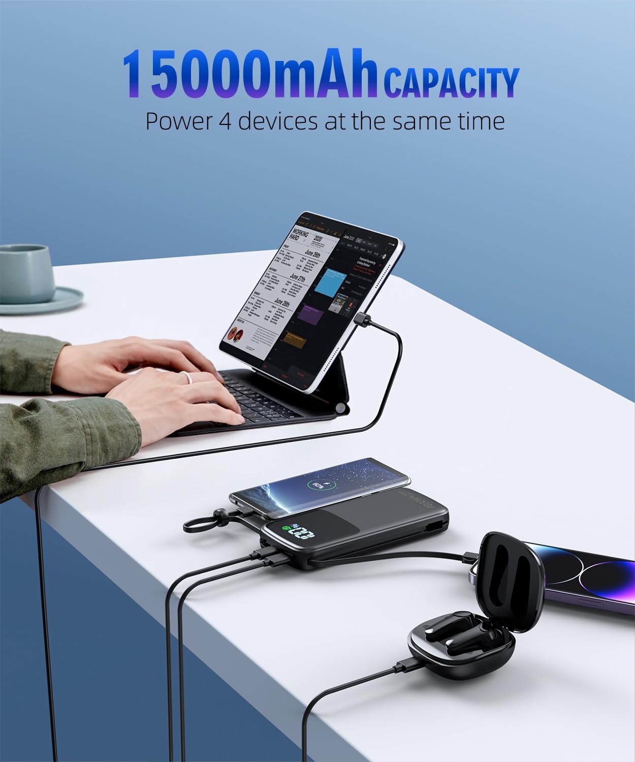 Portable Charger Power Bank, 15000mAh Portable Charger Fast Charging Lightweight, Built-in AC Wall Plug and 2 Output Cables with LED Display for iPhone Samsung iPad etc (White)