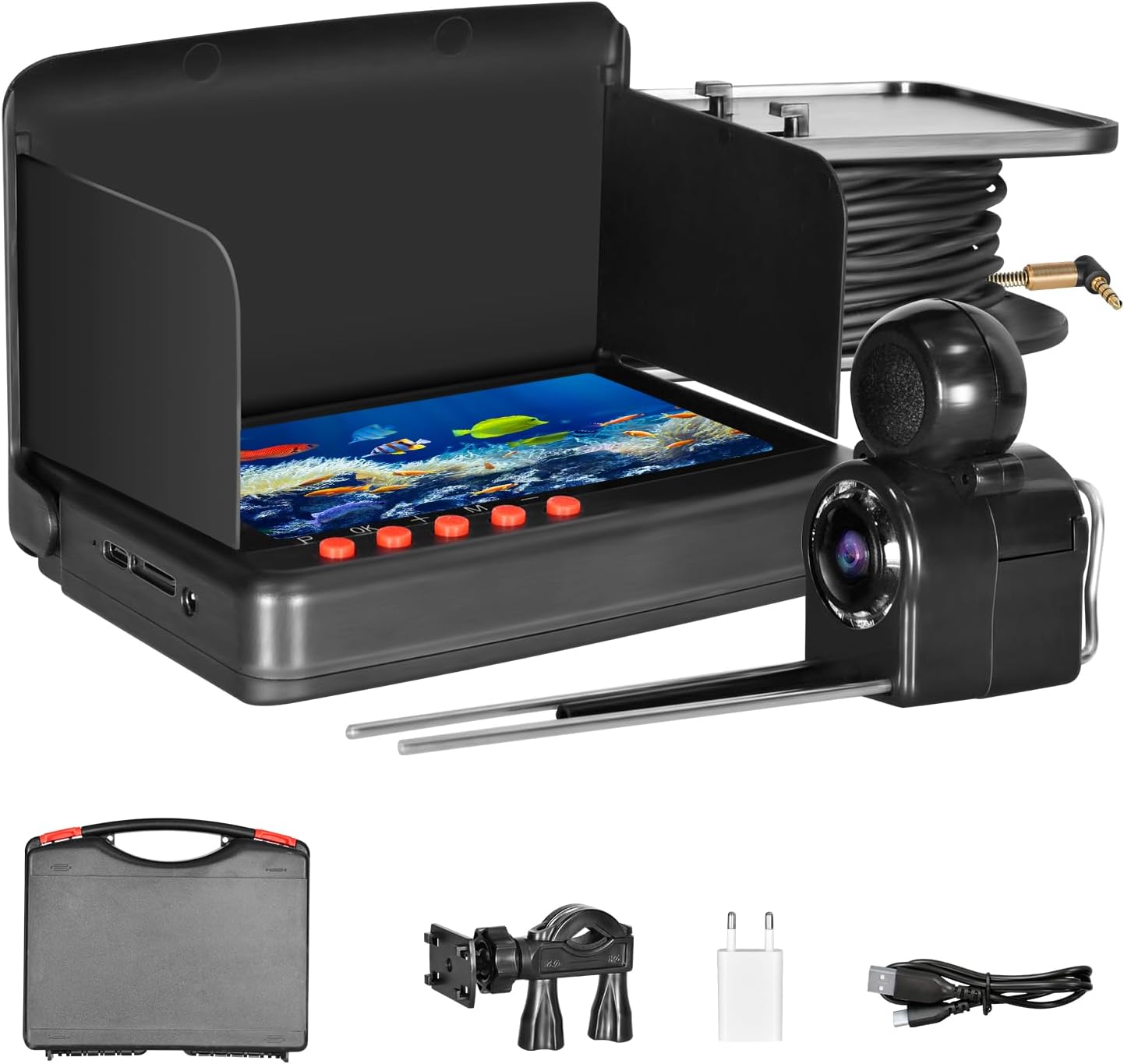 Underwater Fishing Camera Fish Finder, Portable Fish Camera with 5 Inch 4K Display, IR Night Vision, 220° Ultra Wide Angle, Waterproof Fish Depth Finders for Ice Lake Sea Boat Kayak Fishing