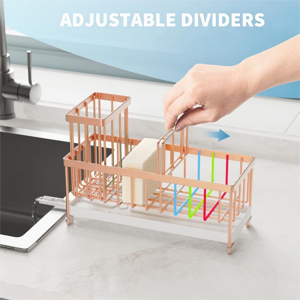 Cisily Sponge Holder for Kitchen Sink, Sink Caddy with High Brush Holder, Organzier Rustproof 304 Stainless Steel Dish Organizer Divider, Soap Dispenser Storage (Black)