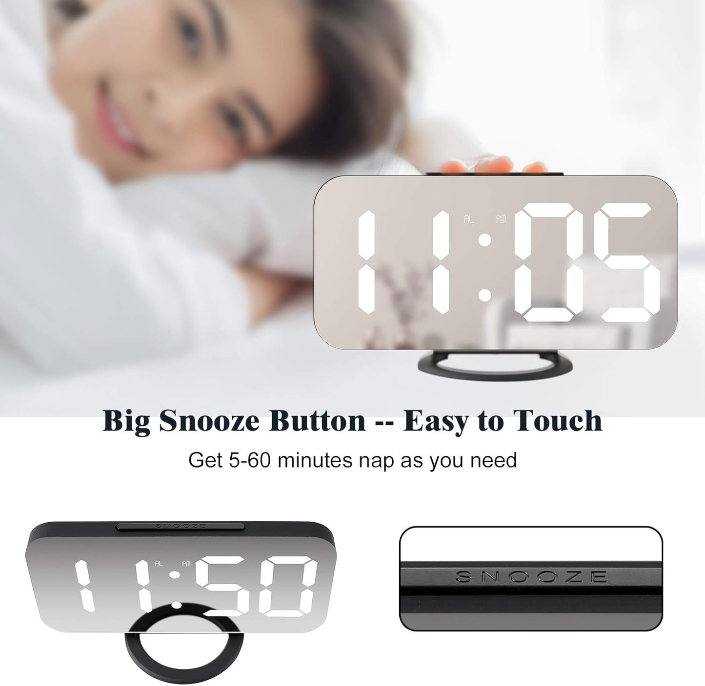 Digital Alarm Clock,Large LED Mirror Display, 2 USB Charging Ports,Auto Dim Mode,Modern Design Clock for Bedroom Office, White
