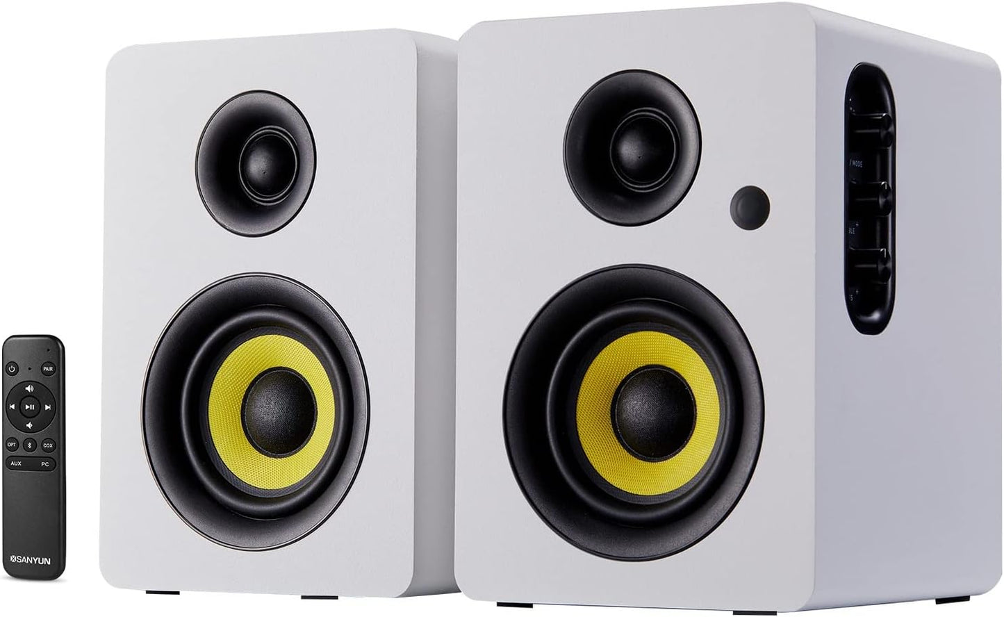 Sanyun SW208 3" Active Bluetooth 5.0 Bookshelf Speakers – 60W Carbon Fiber Speaker Unit - Built-in 24bit DAC - Dynamic 3D Surround Sound – 2.0 Computer PC Monitor Gaming Speakers (Pair, White)