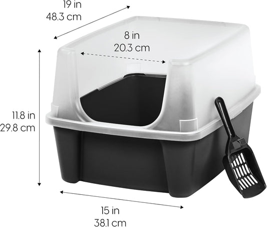 IRIS USA Large Cat Litter Box with Scoop, Open Top Cat Litter Pan, Black - PuriLite