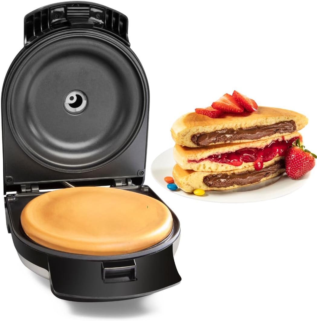 Electric Stuffed Pancake Maker- Make a GIANT Stuffed Waffle or Pan Cake in Minutes- Add Fillings for Delicious Breakfast or Dessert, Nonstick Baker Machine w Silicone Batter Funnel for Easy Use- Gift