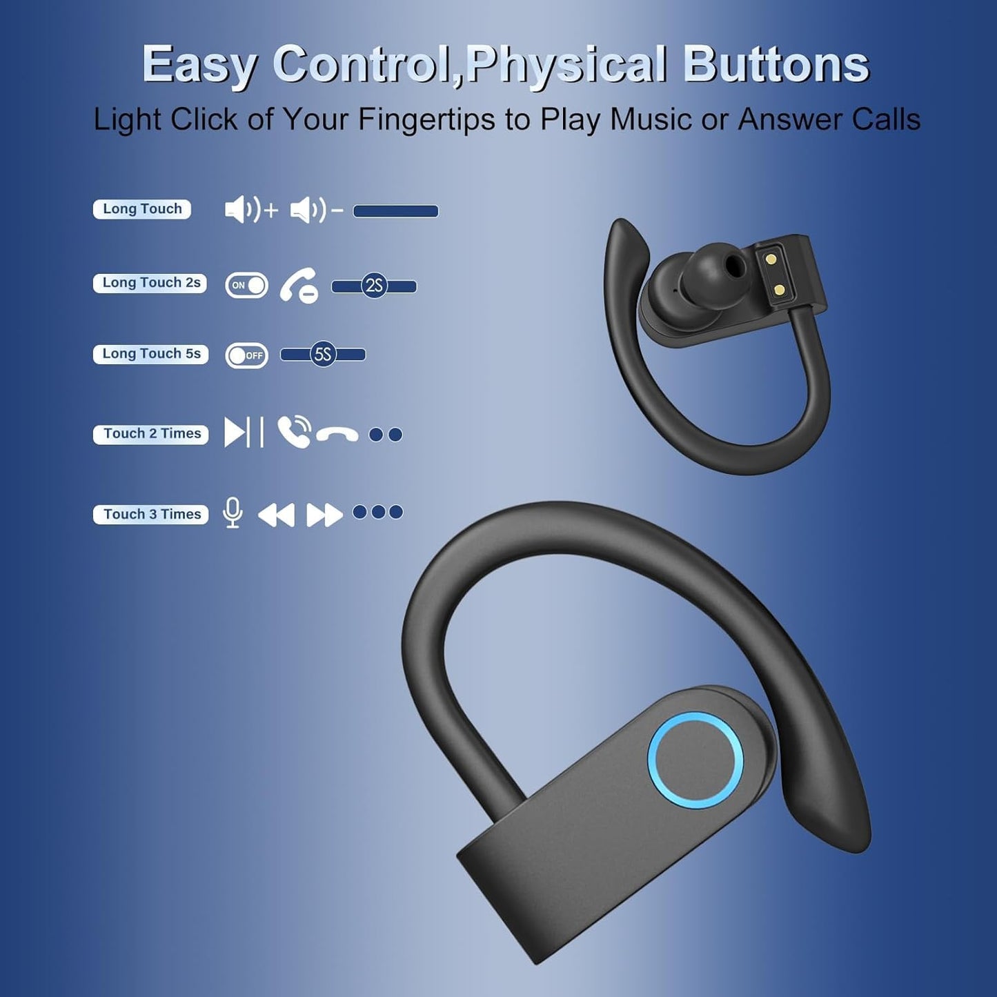 Wireless Earhooked Earbuds Bluetooth Headphones with IPX6 Waterproof,50H Playtime HiFi Stereo & Battery Display Case & Comfort Fit in-Ear Earphones for Workout/Running/Sport