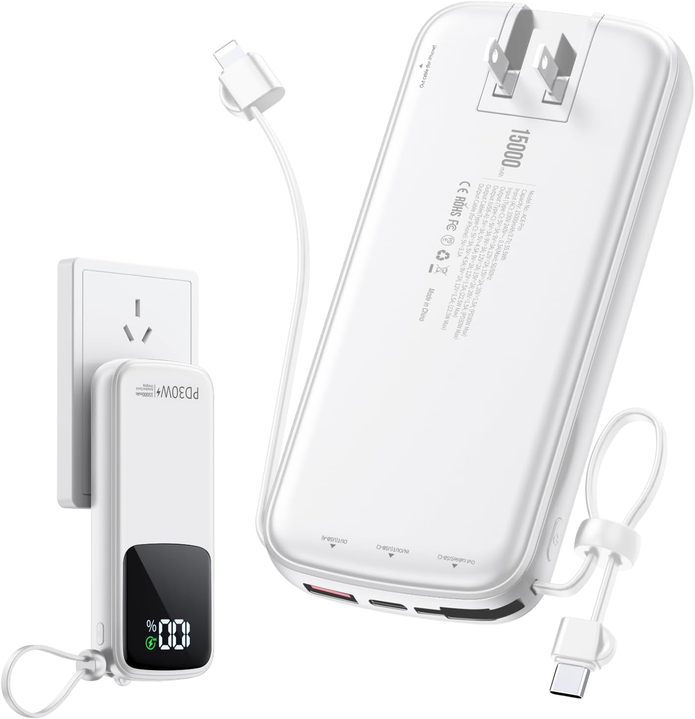 Portable Charger Power Bank, 15000mAh Portable Charger Fast Charging Lightweight, Built-in AC Wall Plug and 2 Output Cables with LED Display for iPhone Samsung iPad etc (White)