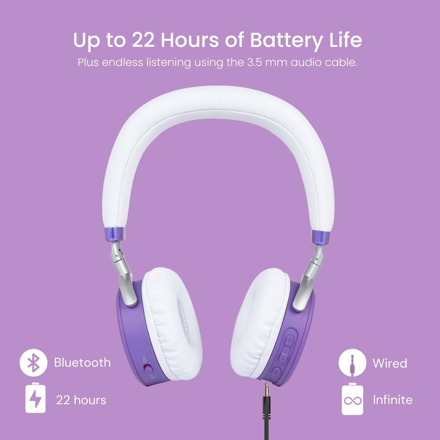 JuniorJam Plus Volume Limiting Headphones for Kids, Foldable & Adjustable Bluetooth Headphones, 22-Hour Battery Life USB-C Charging (Black)