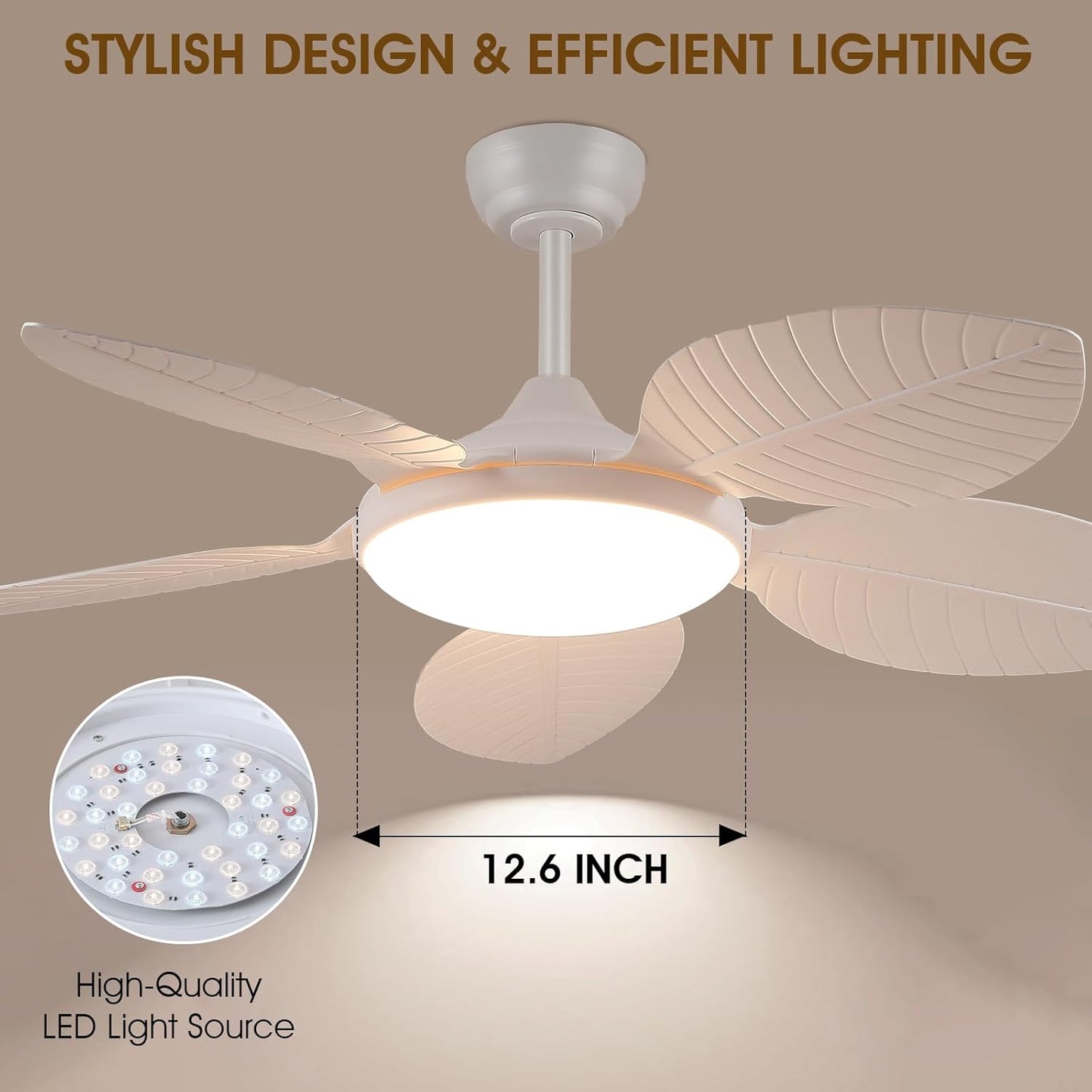 Wiviniya Ceiling Fans with Lights and Remote/APP Control, 44 Inch Tropical Palm Leaf Ceiling Fan with LED Lights, Outdoor Ceiling Fans for Patios Porch, Reversible Quiet Motor, Dimmable, Light Brown