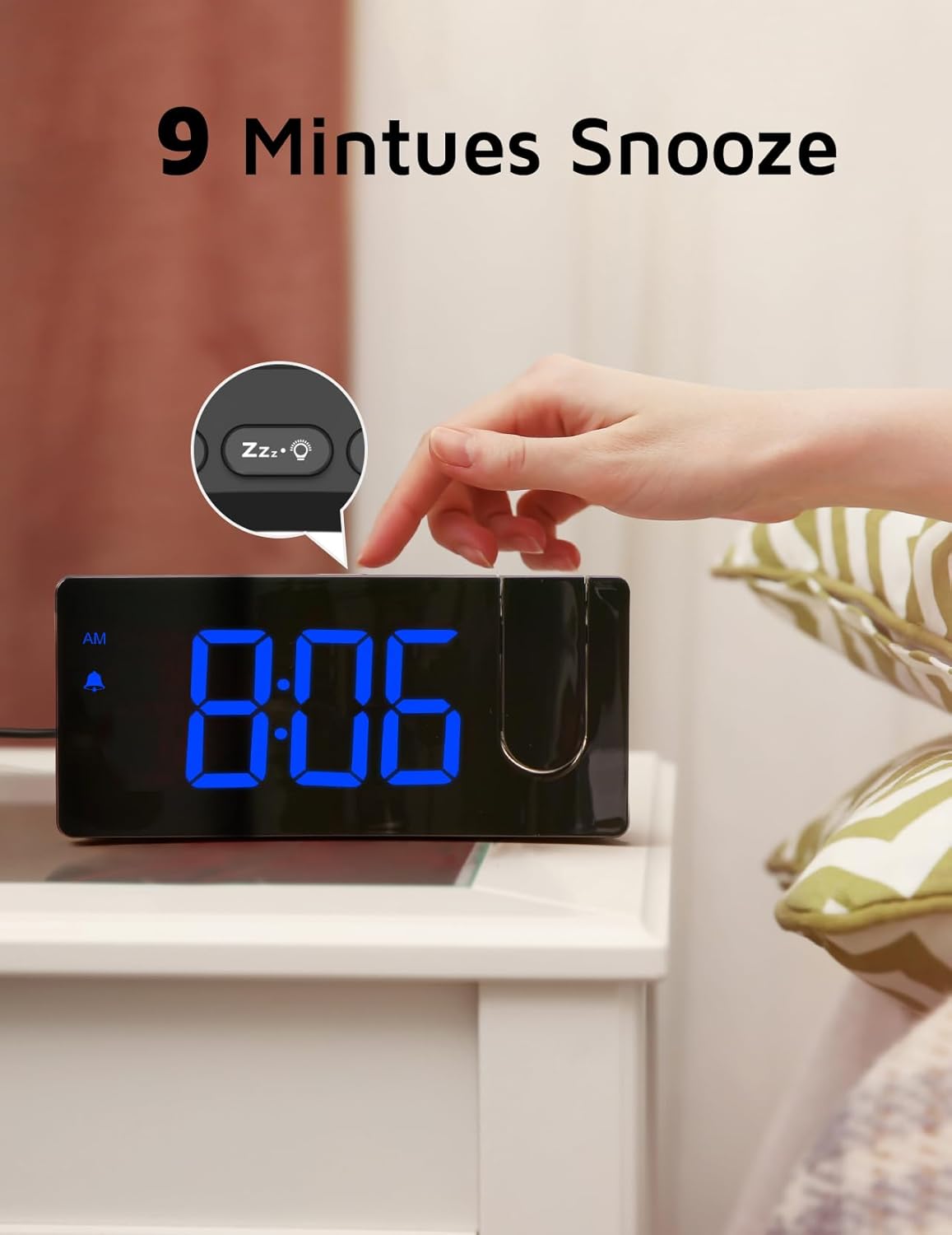 GOLOZA Projection Alarm Clock, Digital Clock with Modern Curved Design 180° Rotatable Projector, 3-Level Brightness Dimmer, Clear Blue LED Display, Progressive Volume, 9mins Snooze,12/24H, for Bedroom