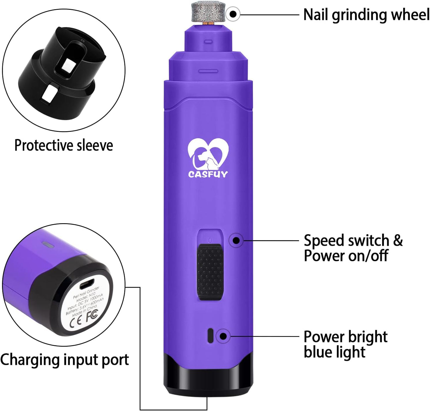 Casfuy Dog Nail Grinder Upgraded - Professional 2-Speed Electric Rechargeable Pet Nail Trimmer Painless Paws Grooming & Smoothing for Small Medium Large Dogs & Cats (White)