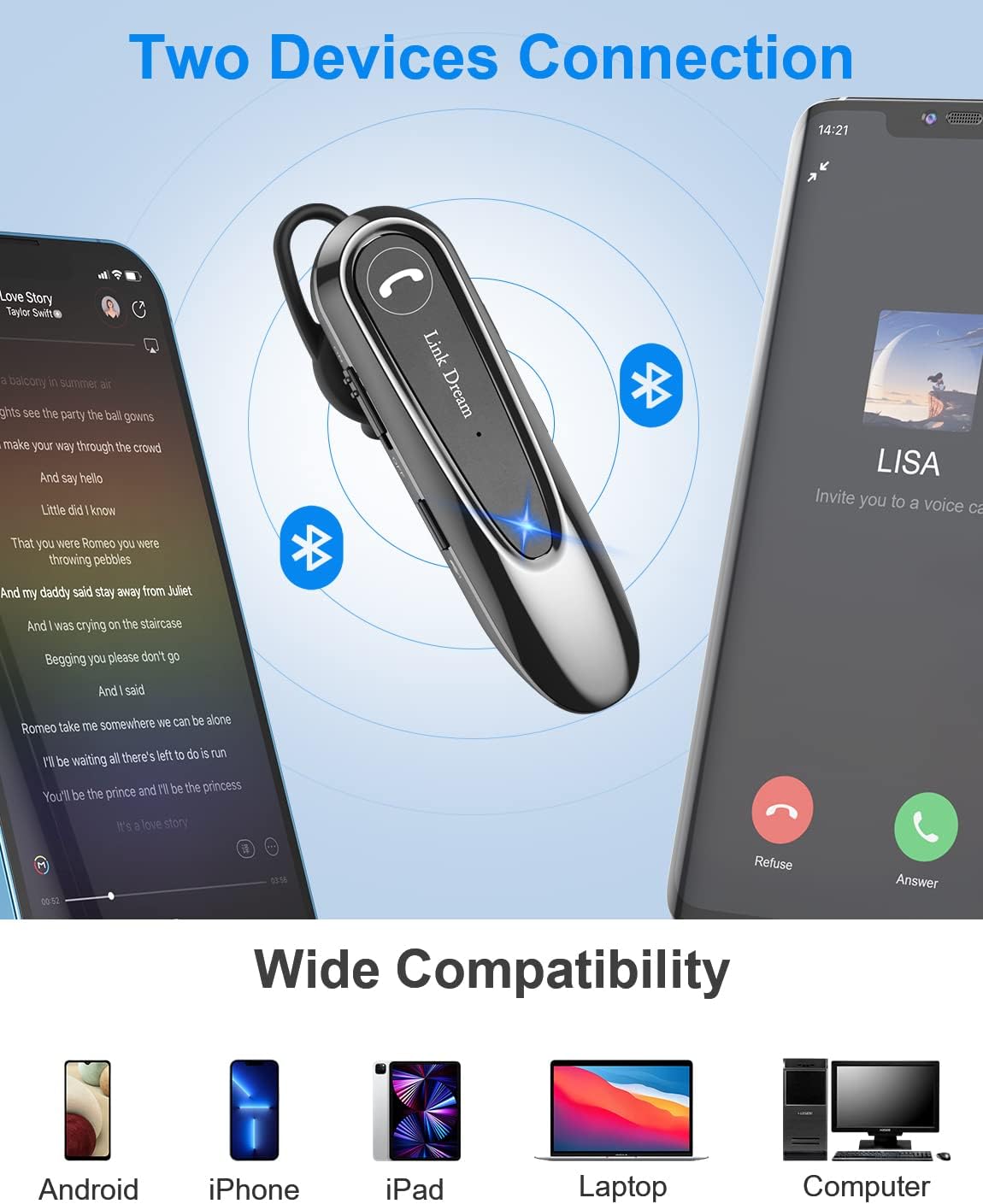 Bluetooth Earpiece Link Dream Wireless CVC8.0 Headset for Cell Phone Dual Mic Noise Canceling Handsfree Phone Earpiece w/Mute 20Hrs Talk Time 180 Days Standby for iPhone Android Home Office Driving