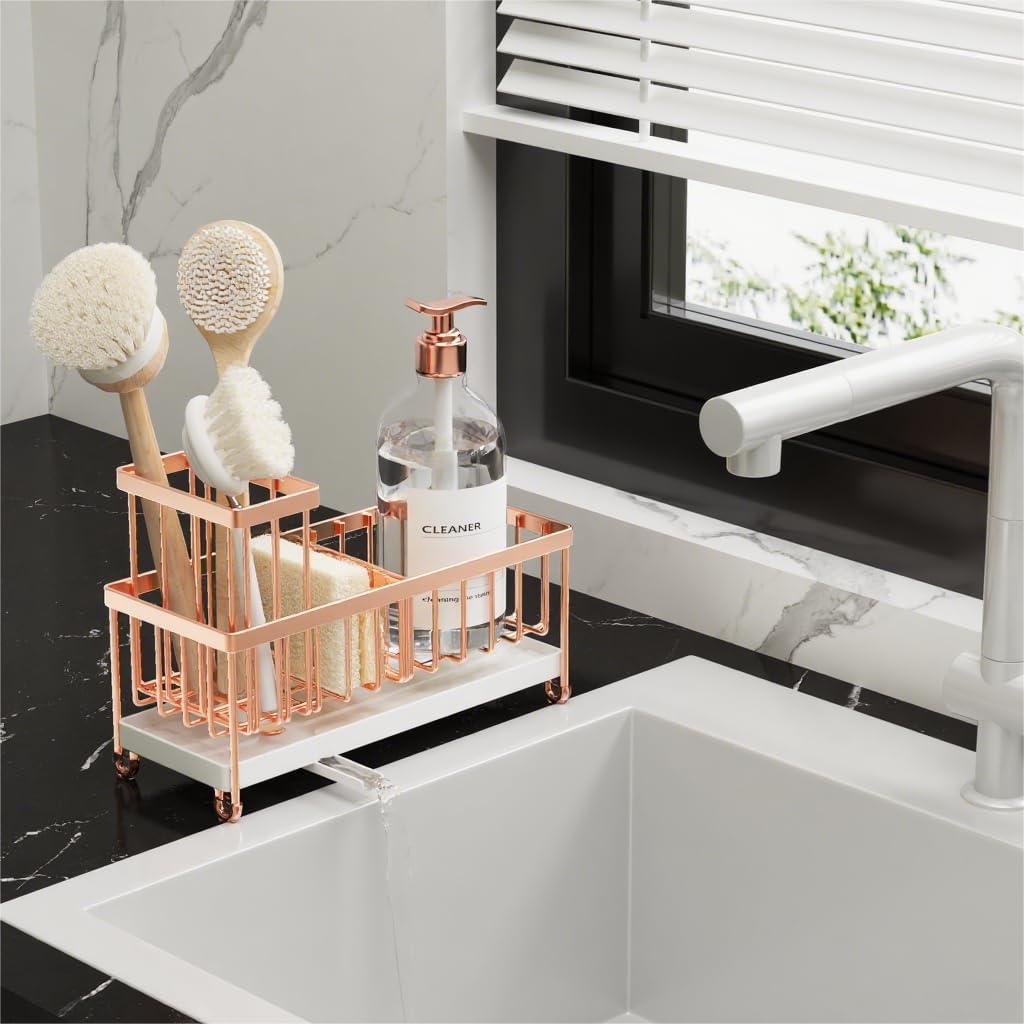 Cisily Sponge Holder for Kitchen Sink, Sink Caddy with High Brush Holder, Organzier Rustproof 304 Stainless Steel Dish Organizer Divider, Soap Dispenser Storage (Black)