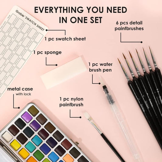 Grabie 50 Color Watercolor Paint Set with Detail Paint Brushes | High Pigment Paints, Blendable Colors, Portable Travel Case, Painting, Sketching, Illustration, Beginner And Hobby Artists