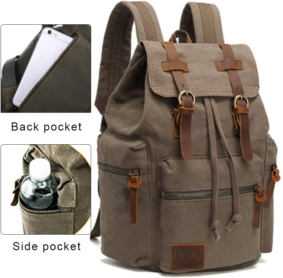 AUGUR Canvas Backpack,17 inch Laptop Backpack Vintage Canvas Leather Backpacks Casual School College Bag Pack Bookbag Hiking Travel Rucksack Daypack (L-Coffee)