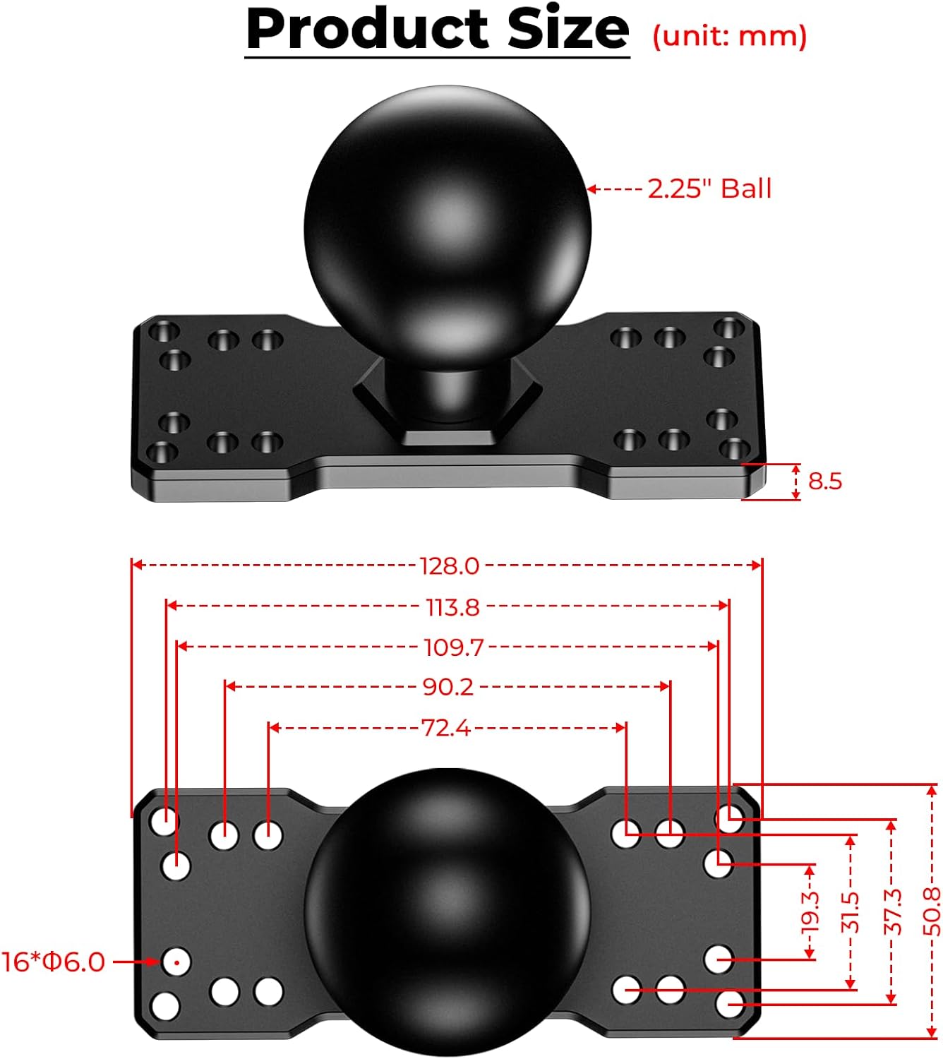 VAZESWIN 2.25" Ball Large Fish Finder Mount, Aluminum Alloy Universal Marine Electronic Mounting Plate for Garmin, Lowrance and More, Compatible with RAM Mounts D Size 2.25" Ball Double Socket Arm