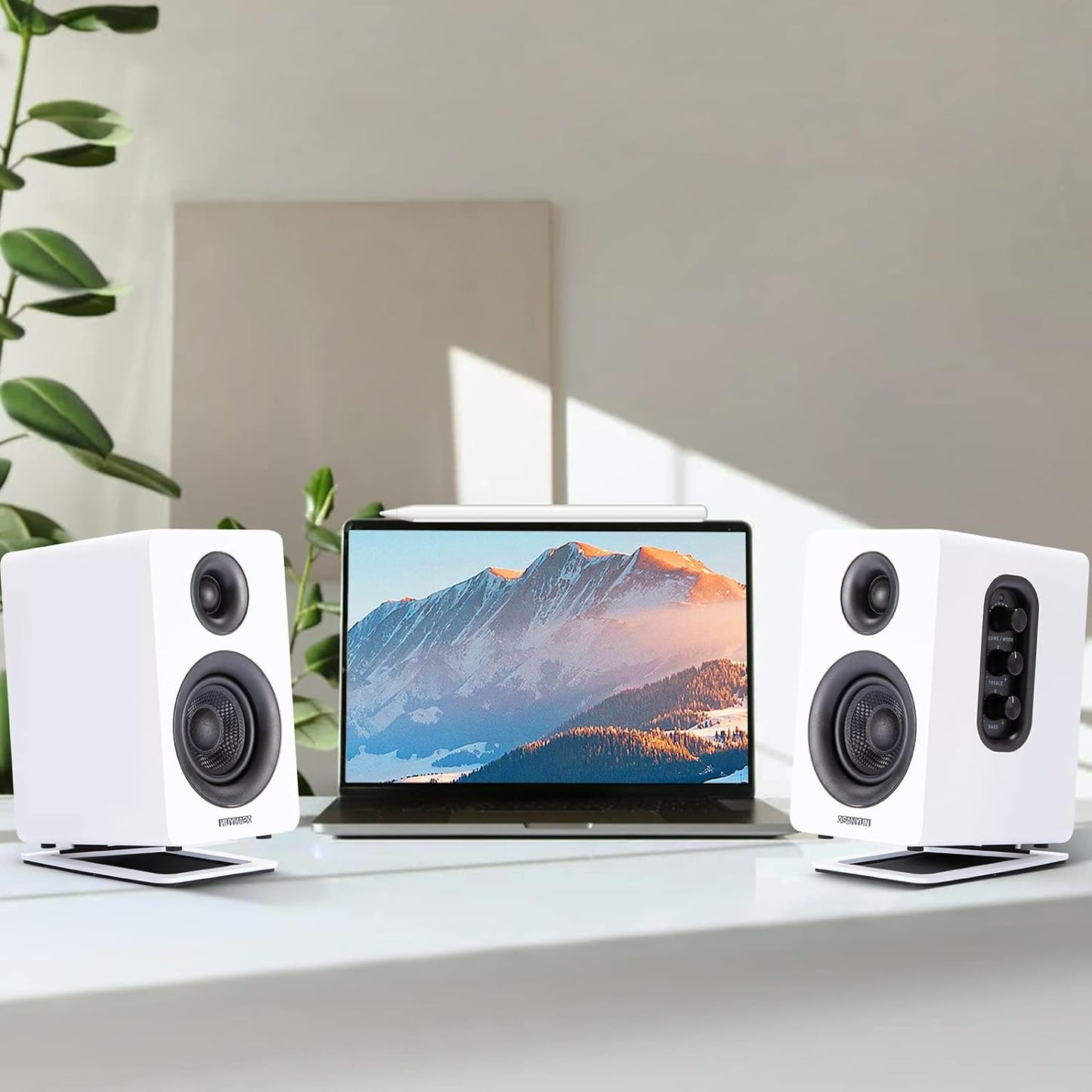Sanyun SW208 3" Active Bluetooth 5.0 Bookshelf Speakers – 60W Carbon Fiber Speaker Unit - Built-in 24bit DAC - Dynamic 3D Surround Sound – 2.0 Computer PC Monitor Gaming Speakers (Pair, White)