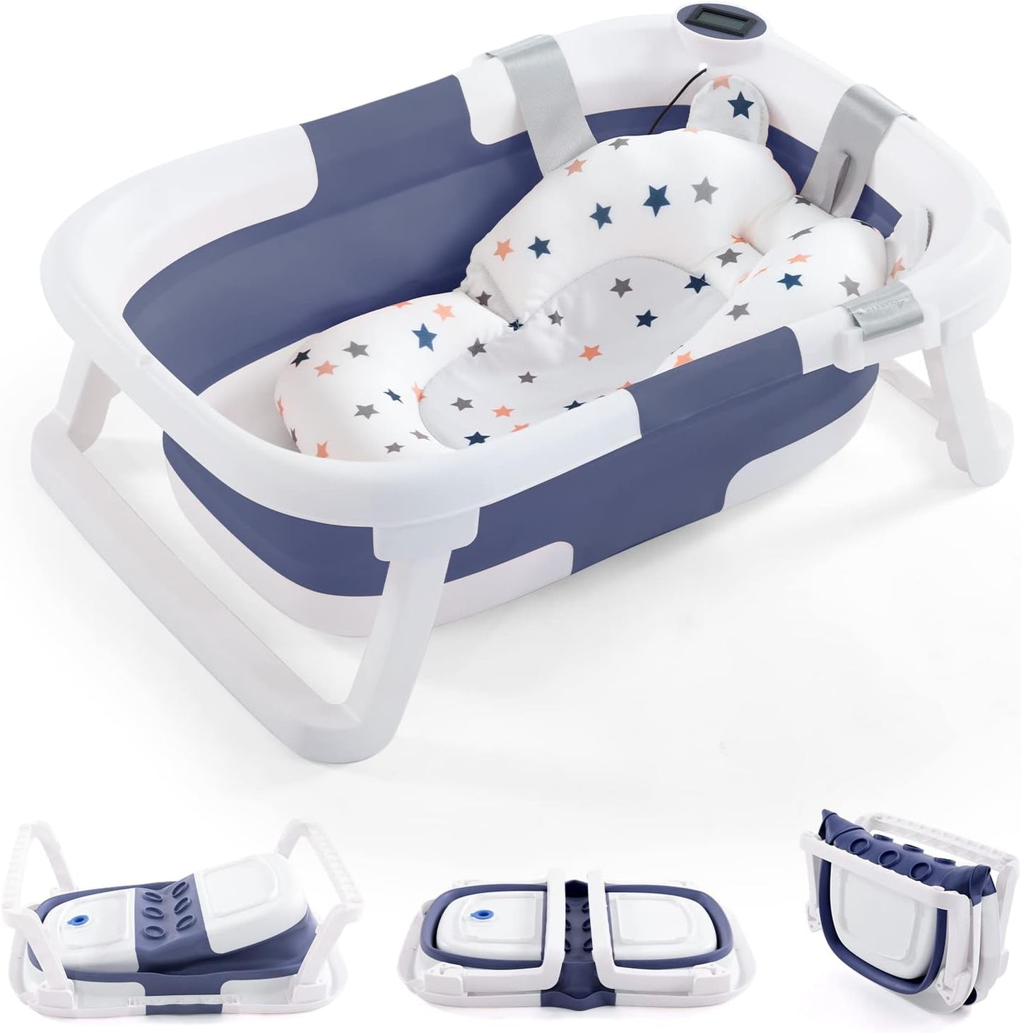 Baby BathTub, 4-in-1 Newborn to Toddler Tub with Temperature Sensor,Infant Waterproof Ear Cap and Soft Cushion included,Blue