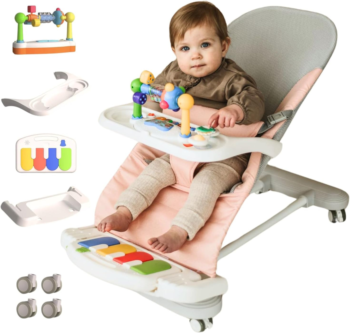 CuddoBaby Baby Bouncer 4-in-1 on Wheels |Detachable Pianos, Feeding Tray| 3-Level Recline Foldable Seat with Play Bar for Infant to Toddler 0-6, 0-12, 12-24 Months, Baby Gift Idea- Blue