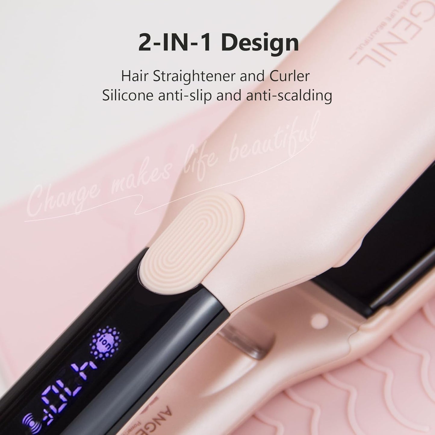 ANGENIL Pro Titanium Flat Iron Hair Straightener, Dual Voltage Straightening and Curling Iron in One, 15s Fast Heating, Negative Ion Round Pink Hair Straightener with Heat Resistant Silicone Mat Pad