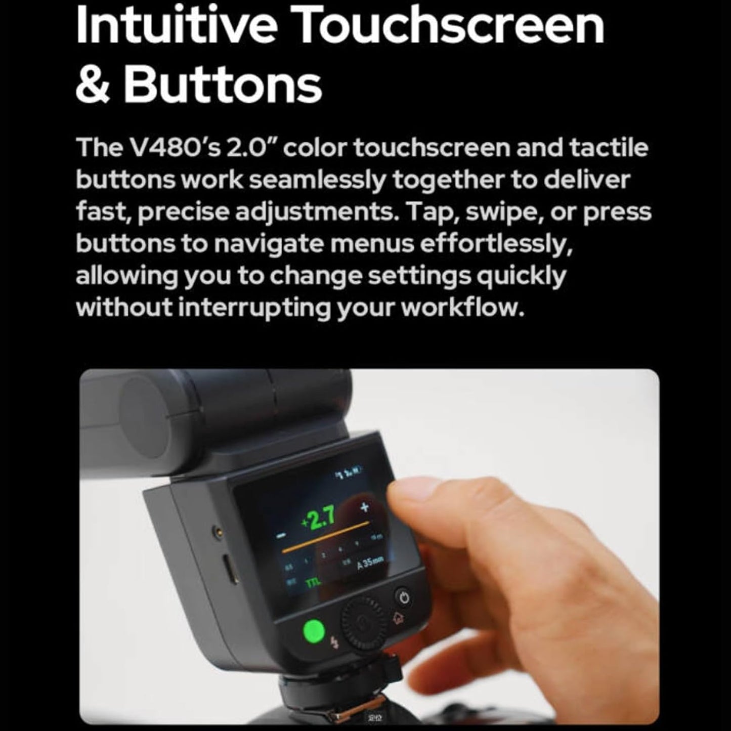 Godox V480 C V480-C TTL Flash for Canon Cameras, GN50 1/8000 HSS, 650 Full Power Flash, 1.7s Recycle Time, 2.4G Wireless, Built-in Modeling Light, 7.2V/2200mAh Li-ion Battery Touchscreen Speedlight