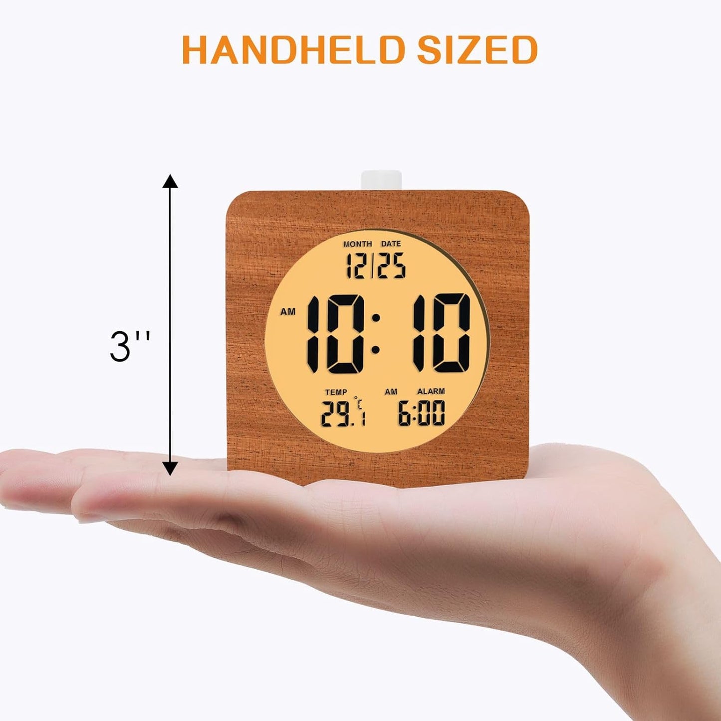 Plumeet Wooden Digital Alarm Clock for Bedrooms, Wood 4'' Battery Powered Alarm Clock with Snooze and Nightlight, Electronic LCD Desk Clock Display Time, Date, Temp, 12/24H, Wood Décor (Sapele, 3.2'')