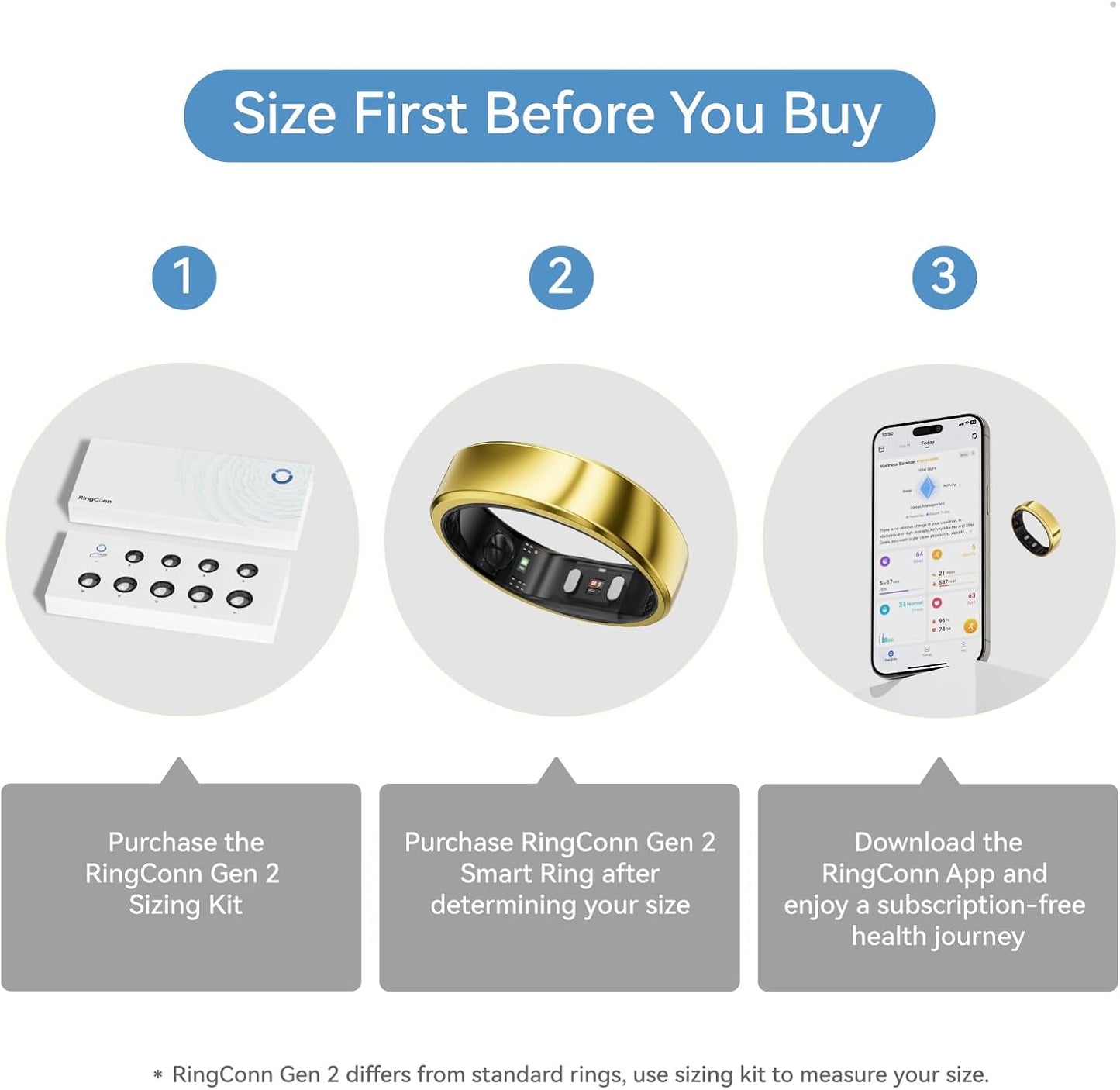 RingConn Gen 2 Smart Ring, No App Subscription, Size First with Sizing Kit, 12-Day Battery Life, Stress/Women's Health Tracker, Compatible with Android & iOS (Black, Size 8)