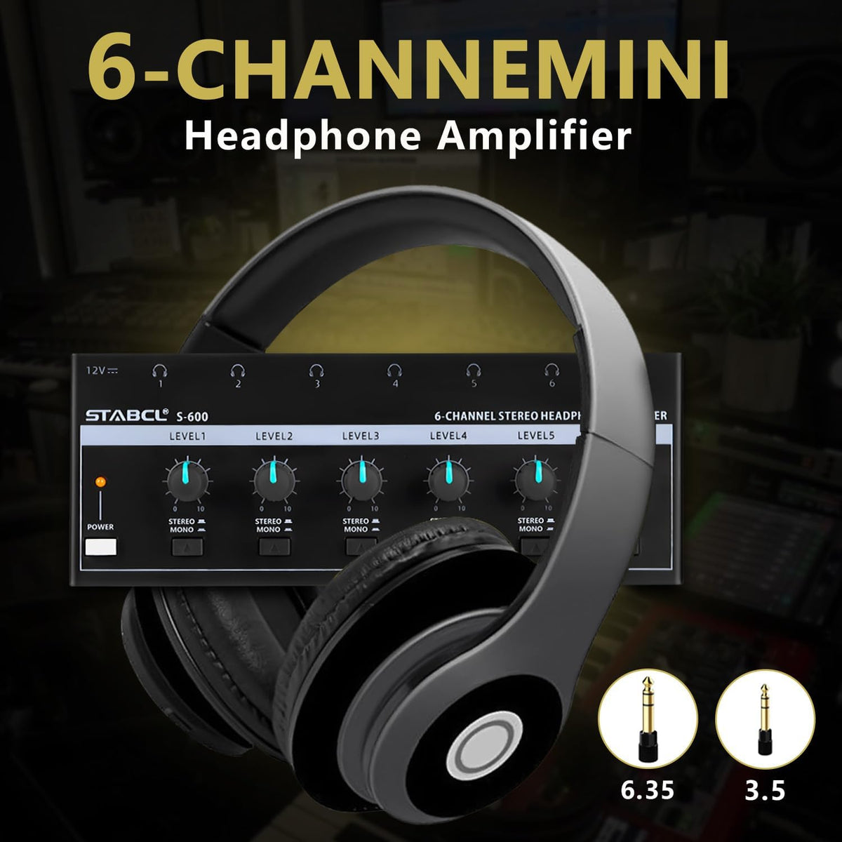 Headphone Amplifier 6 Channel, Stereo Headphone Amp with 3.5mm&6.35mm Input and Output, Metal Portable Studio Headphone Amp Splitter, Headphone Mixer with Mono and Stereo for Recording Studios