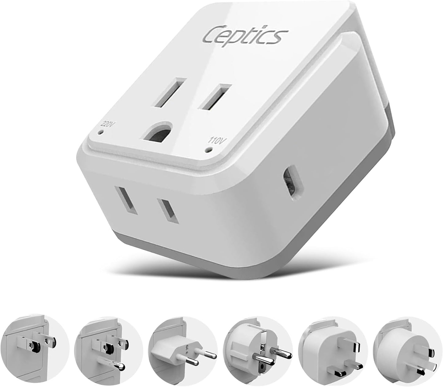 Ceptics Universal Travel Adapter kit, Dual USB (QC 3.0) + 2 US outlets + USB-C Cable, Use with Chargers, Cell Phones, Laptops, 6 Plug attachments for Worldwide use (Does Not Convert Voltage) (WPS-2B)